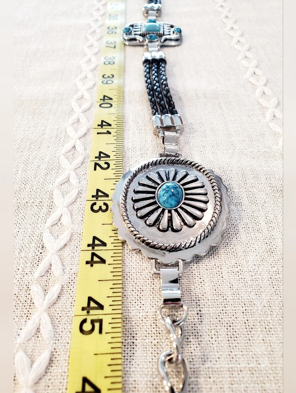 Silver Concho Belt with Black Braided Cord and Turquoise Accents